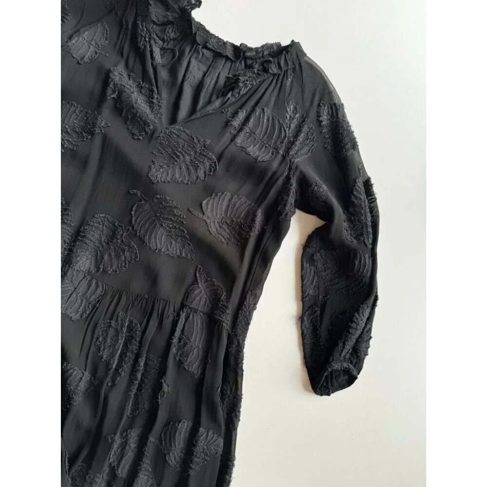 Aritzia WILFRED Dufour Black Sheer Leaf Jacquard Midi Peasant Dress, Size S - Picture 7 of 16